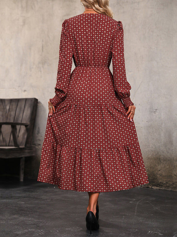 Long Sleeve V-Neck Waist Dress – Printed Wine Red, Flowy Fit, All-Season Style