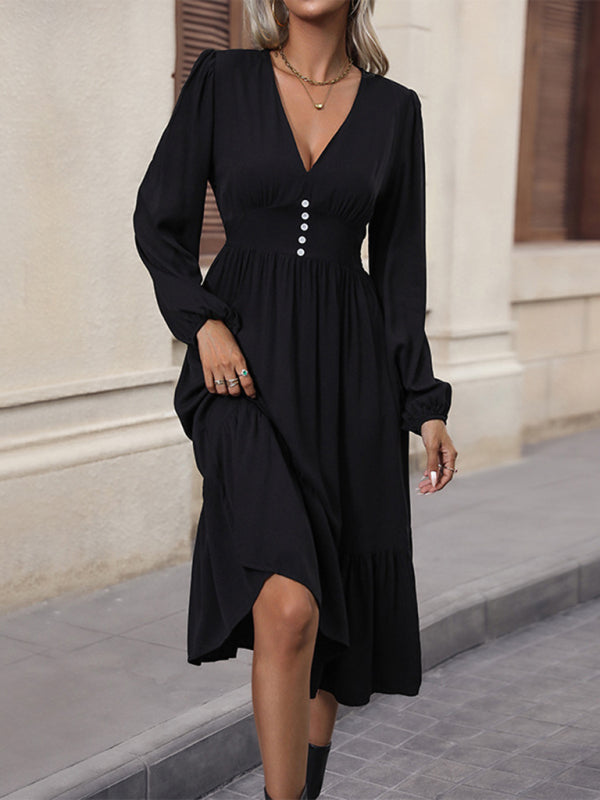 Solid V-Neck Long Sleeve Waist Dress – Lightweight Rayon, Graceful Fit