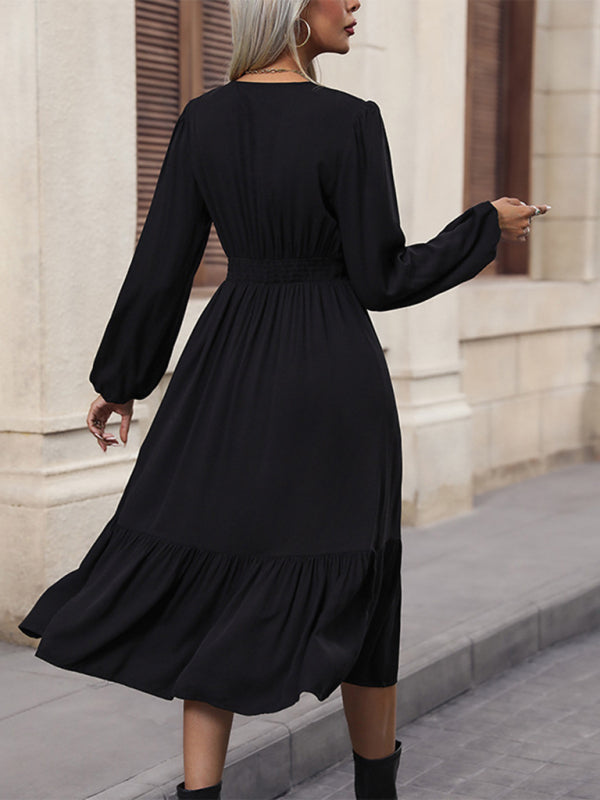 Solid V-Neck Long Sleeve Waist Dress – Lightweight Rayon, Graceful Fit