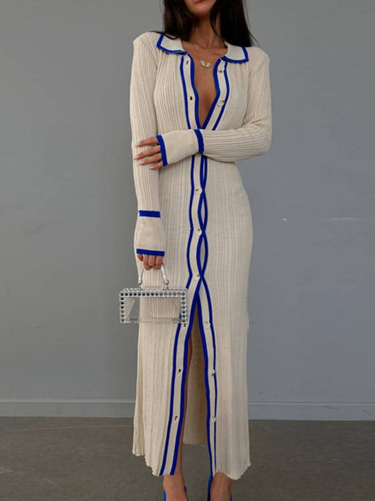 Slim Fit Lapel Patchwork Cardigan Dress – Long Sleeve Knit Midi