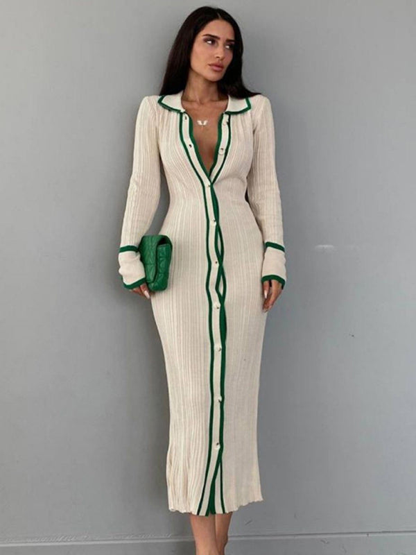 Slim Fit Lapel Patchwork Cardigan Dress – Long Sleeve Knit Midi