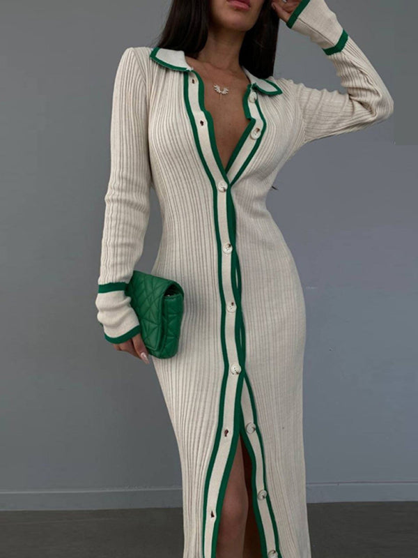 Slim Fit Lapel Patchwork Cardigan Dress – Long Sleeve Knit Midi