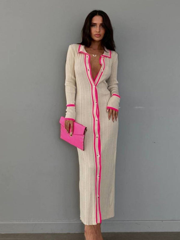 Slim Fit Lapel Patchwork Cardigan Dress – Long Sleeve Knit Midi