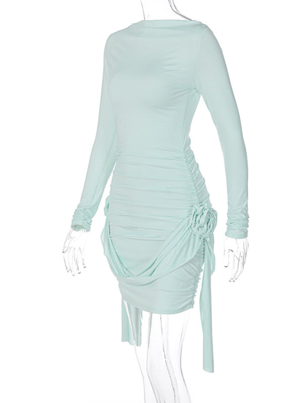 Slim Fit Long-Sleeve Ribbon Appliqué Dress – Spliced Knit Bodycon Dress
