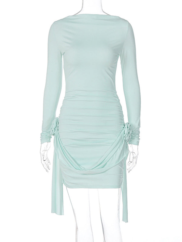 Slim Fit Long-Sleeve Ribbon Appliqué Dress – Spliced Knit Bodycon Dress