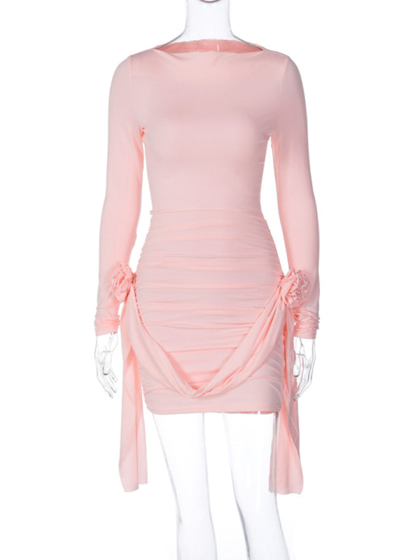 Slim Fit Long-Sleeve Ribbon Appliqué Dress – Spliced Knit Bodycon Dress