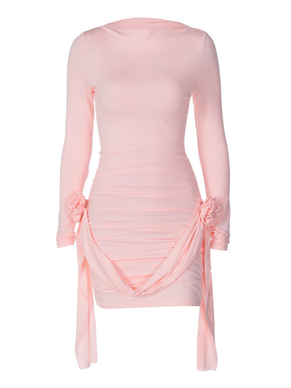 Slim Fit Long-Sleeve Ribbon Appliqué Dress – Spliced Knit Bodycon Dress
