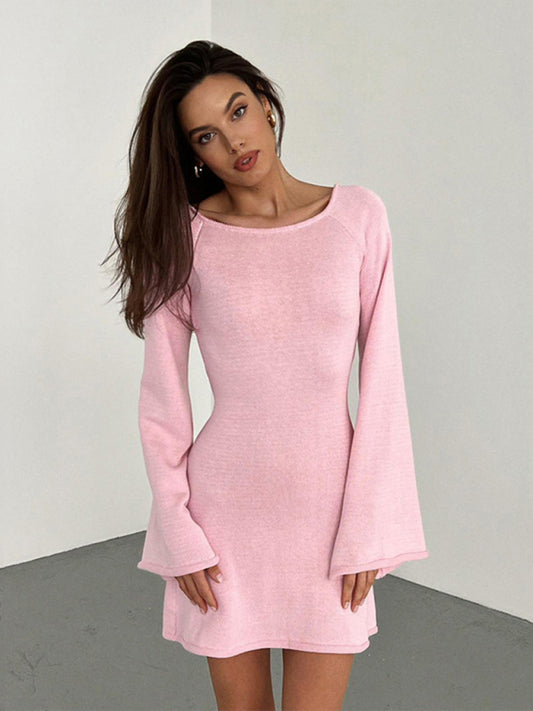Backless Bell Sleeve Knit Beach Dress – Lightweight, Flowy, Four-Season Wear