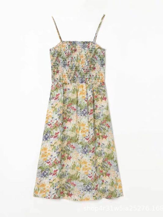 Floral Lace A-Line Midi Dress – French Resort Style with Pleated Skirt