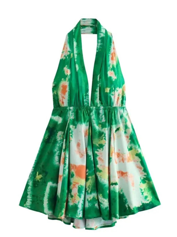 Baskılı Halter Mini Elbise – Bahar ve Yaz için V-Yaka Askılı Stil