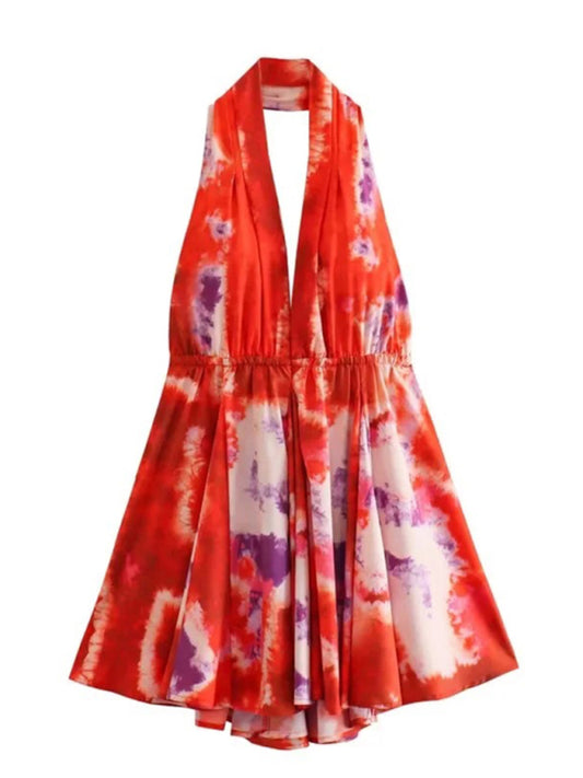 Printed Halter Mini Dress – V-Neck Suspender Style for Spring & Summer