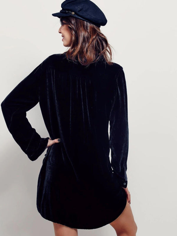 Gold Velvet V-Neck Shirt Dress – Long Sleeve, Loose Fit, Casual Style