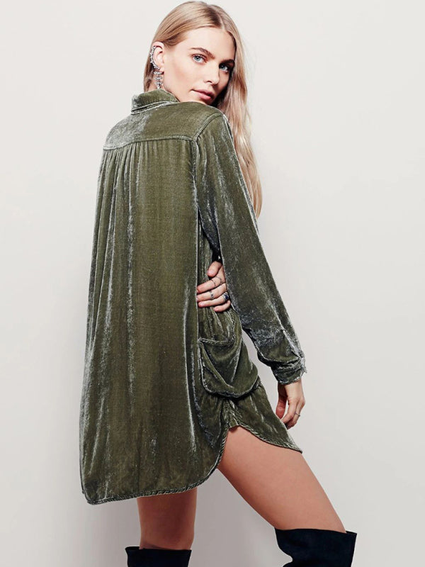 Gold Velvet V-Neck Shirt Dress – Long Sleeve, Loose Fit, Casual Style