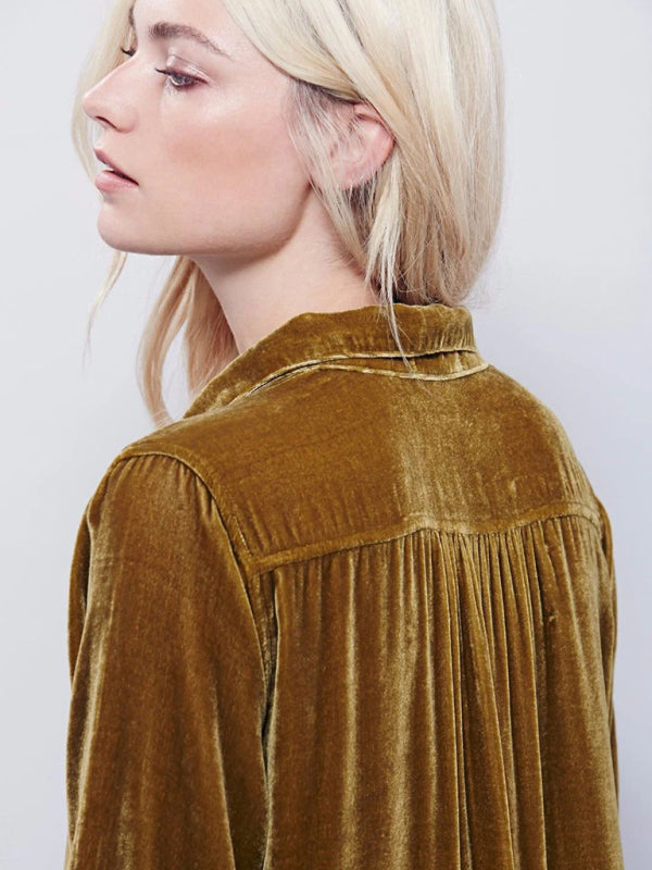 Gold Velvet V-Neck Shirt Dress – Long Sleeve, Loose Fit, Casual Style