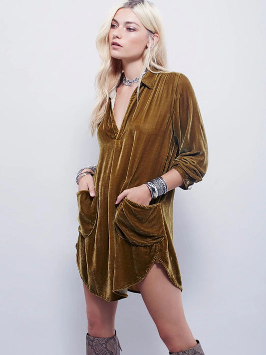Gold Velvet V-Neck Shirt Dress – Long Sleeve, Loose Fit, Casual Style