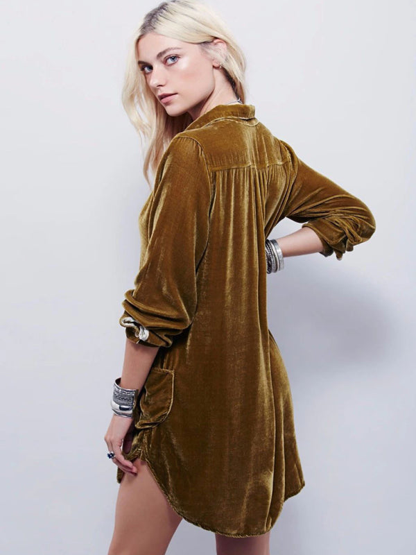 Gold Velvet V-Neck Shirt Dress – Long Sleeve, Loose Fit, Casual Style