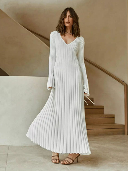 Slim Fit Long Sleeve Knitted Dress – Bell Sleeves & Textured Design