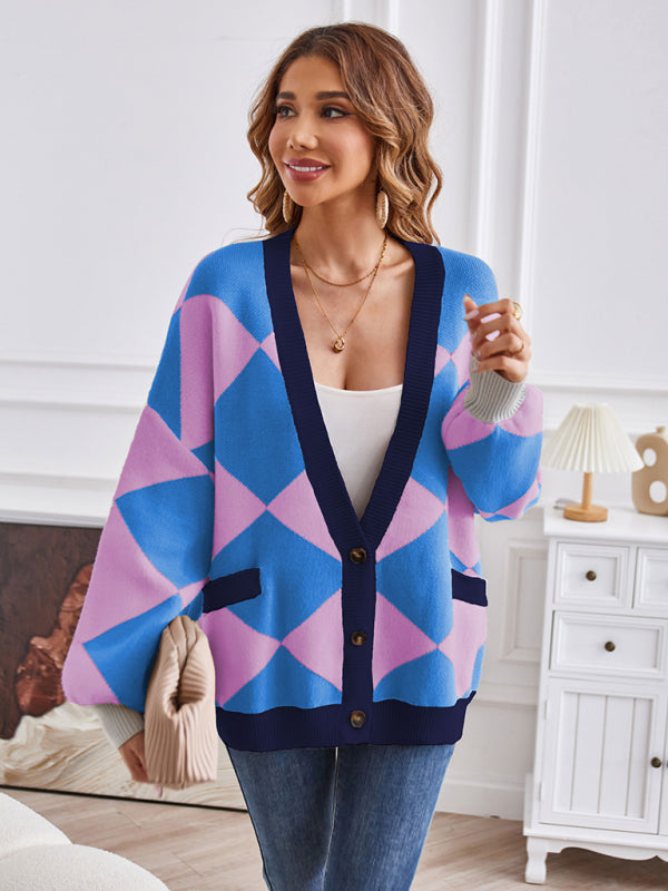 Women's Geometric V-Neck Knit Cardigan Blue