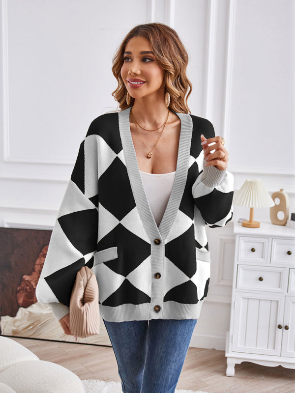 Women's Geometric V-Neck Knit Cardigan