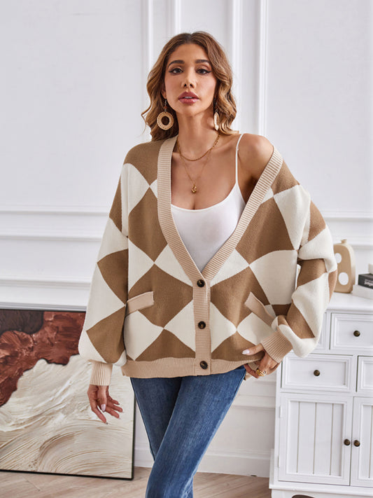 Women's Geometric V-Neck Knit Cardigan Khaki