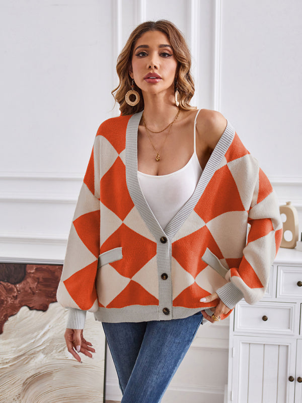 Women's Geometric V-Neck Knit Cardigan Orange