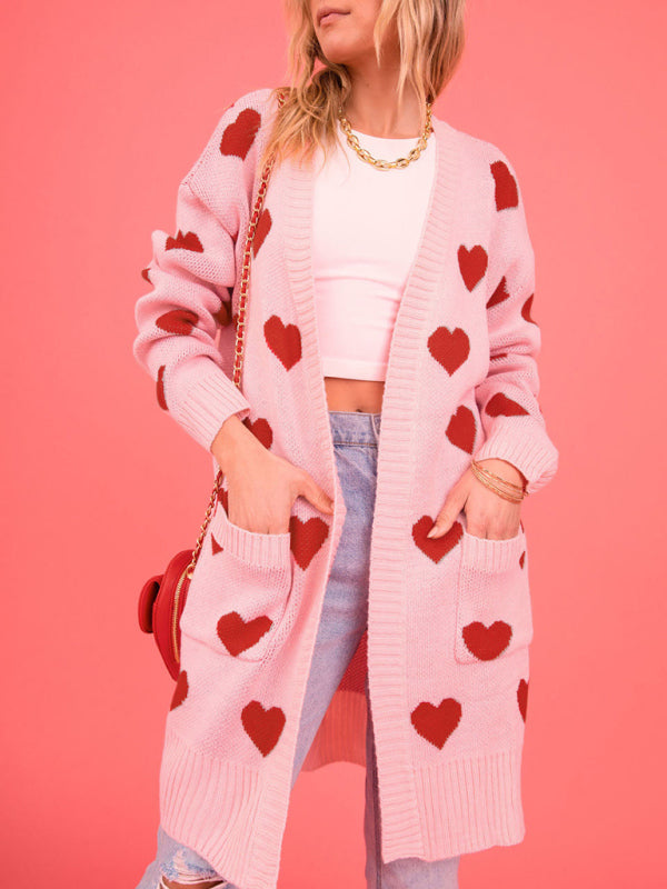 Women's Heart Pocket Knit V-Neck Cardigan Pink