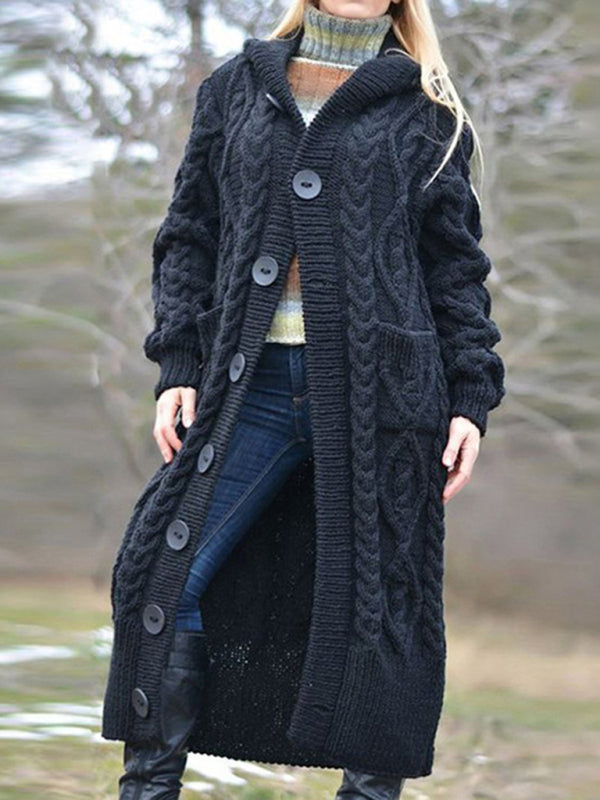 Villainen neulottu pitkä neuletakki naisille, jossa napit