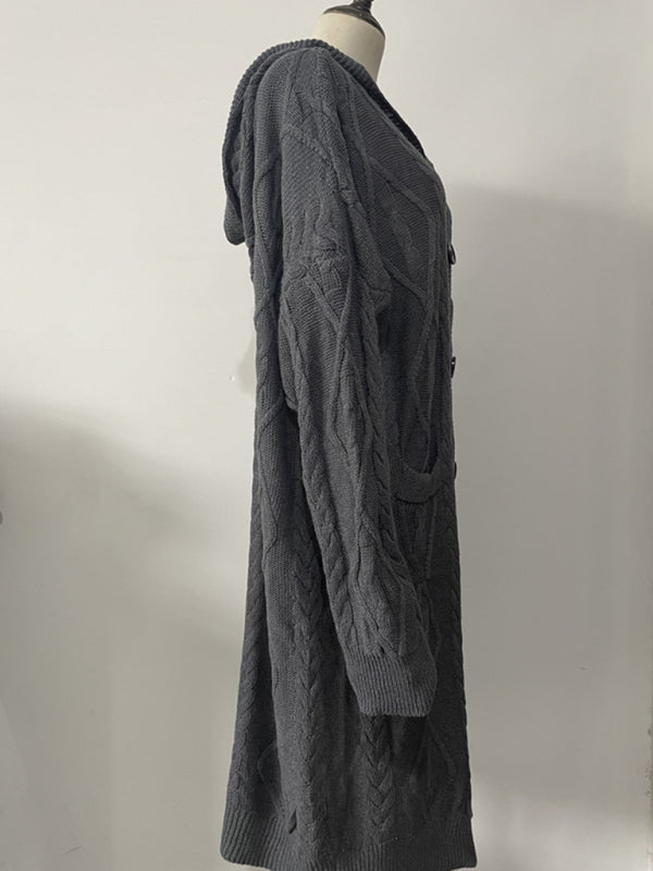 Villainen neulottu pitkä neuletakki naisille, jossa napit