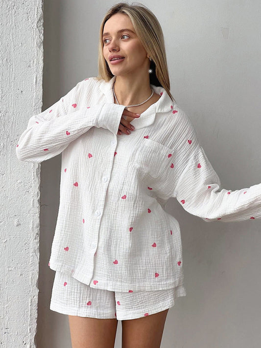 Floral Cotton Two-Piece Lounge Set – Long-Sleeve Top & Shorts