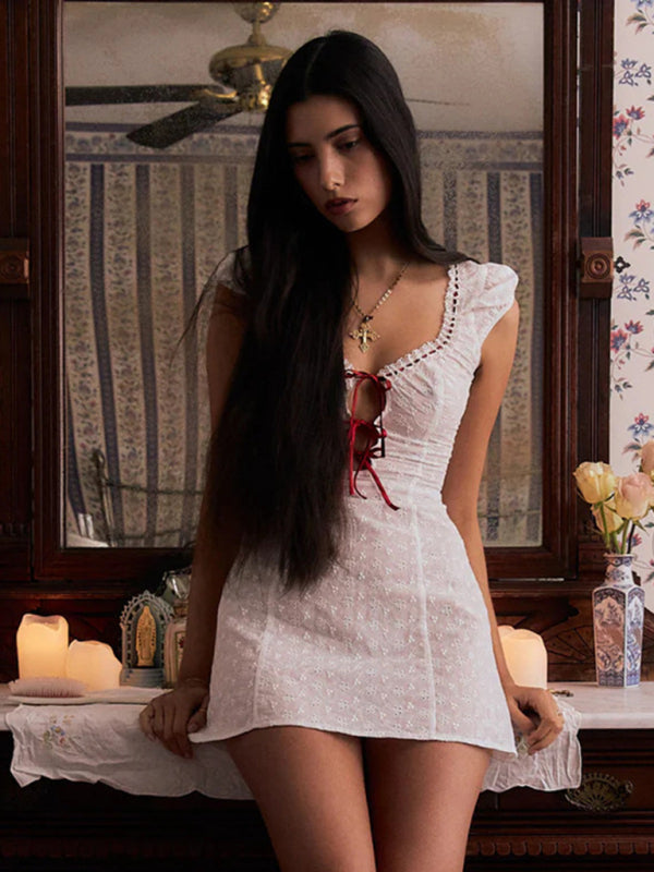 Bow Tie Lace Square Neck Dress – Sexy Woven Style for Spring & Summer