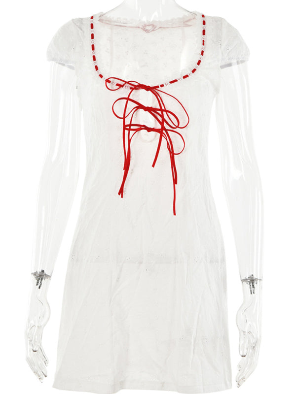 Bow Tie Lace Square Neck Dress – Sexy Woven Style for Spring & Summer
