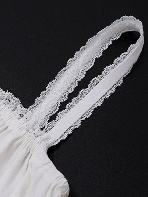 Resort-Style Pleated Dress – French Lace-Up Detail, Spring-Summer Fit
