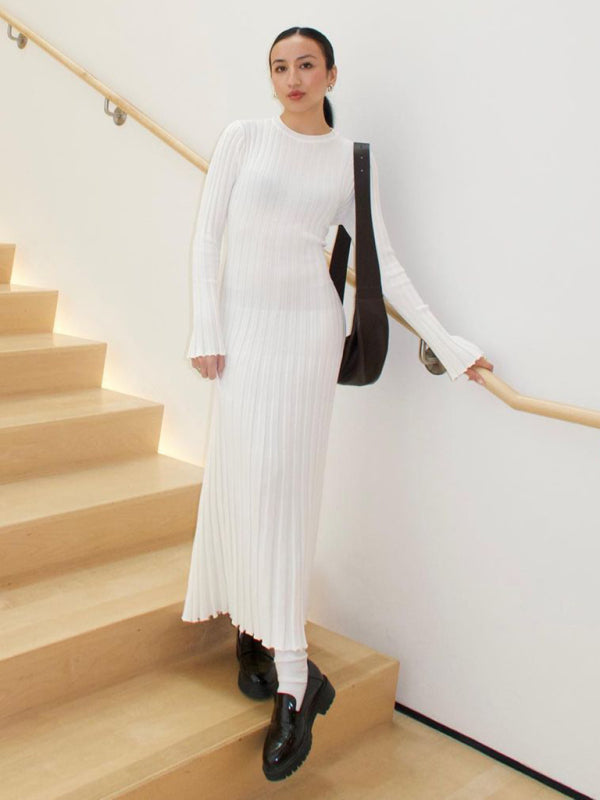 Knit Casual Round Neck Waist Dress – Lightweight, Spring-Summer Style