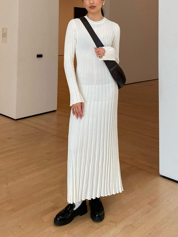 Knit Casual Round Neck Waist Dress – Lightweight, Spring-Summer Style