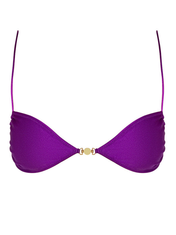 Split Backless Strappy Bikini – Solid Color, Moderate Stretch, Summer Fit