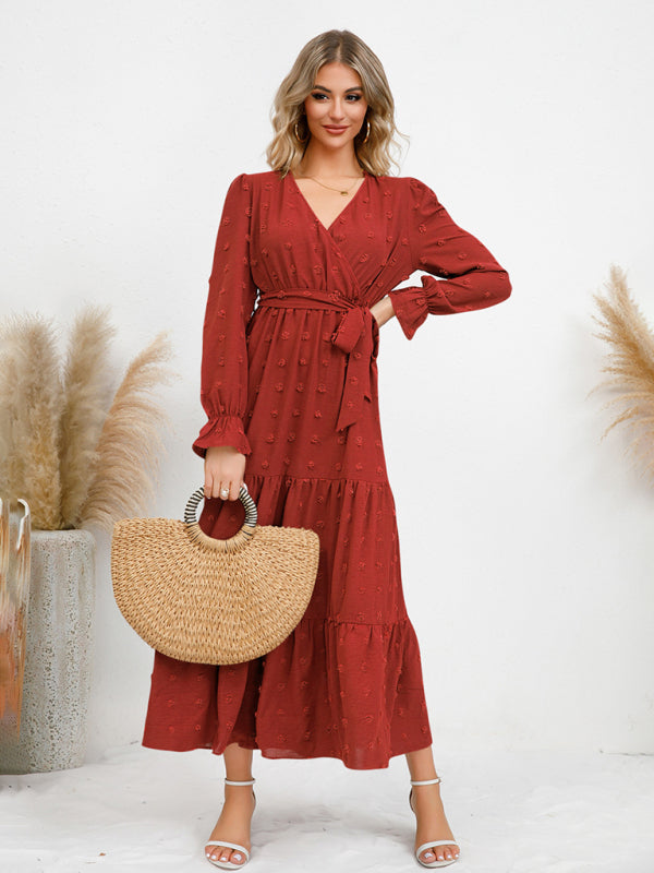 Graceful Belted Maxi Dress with Flared Hem – Spring-Summer Woven Style