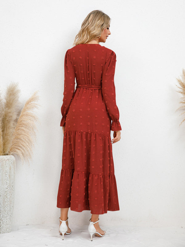 Graceful Belted Maxi Dress with Flared Hem – Spring-Summer Woven Style