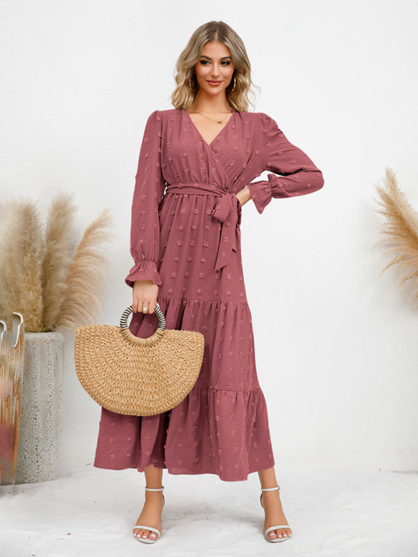 Graceful Belted Maxi Dress with Flared Hem – Spring-Summer Woven Style