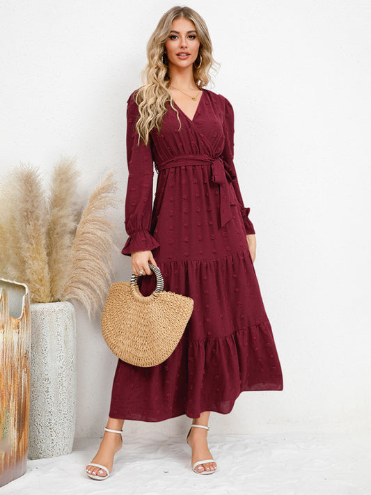 Graceful Belted Maxi Dress with Flared Hem – Spring-Summer Woven Style