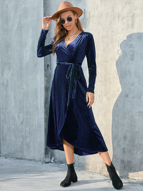 Gold Velvet Mid-Length Slit Dress – Strappy Design, Spring-Summer Style