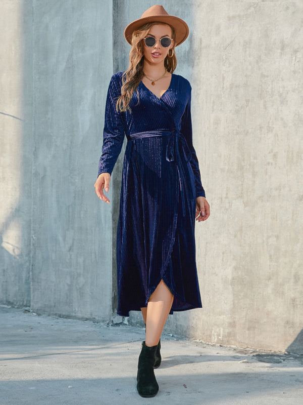 Gold Velvet Mid-Length Slit Dress – Strappy Design, Spring-Summer Style