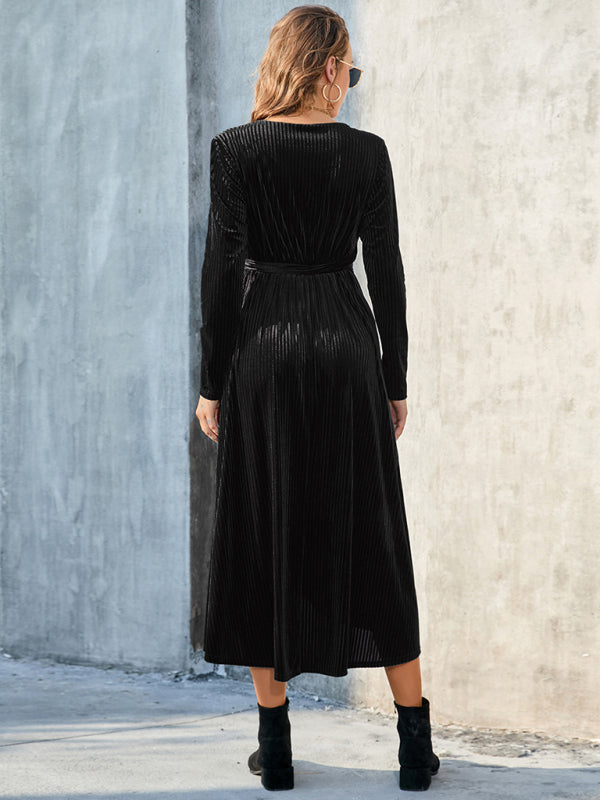 Gold Velvet Mid-Length Slit Dress – Strappy Design, Spring-Summer Style