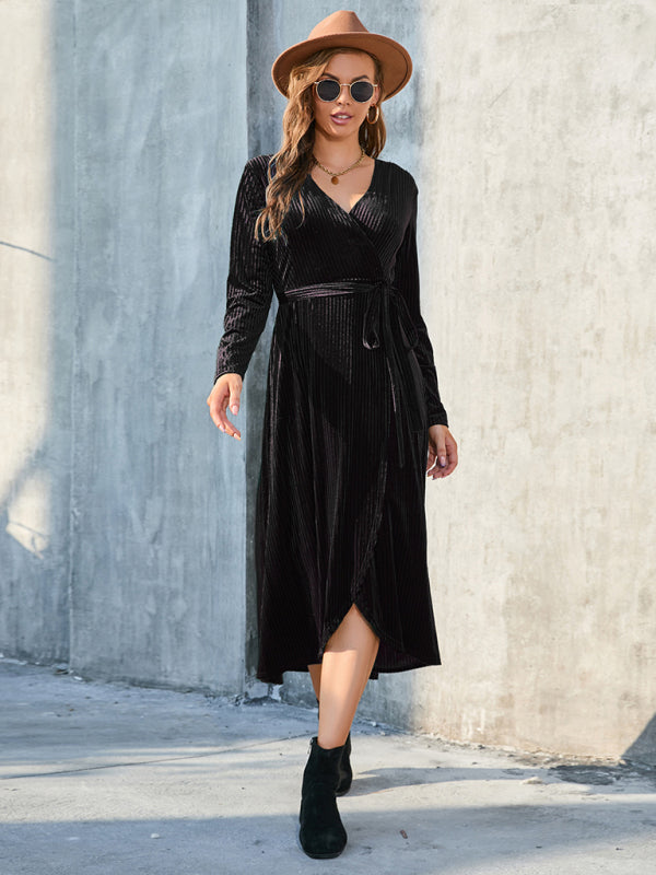 Gold Velvet Mid-Length Slit Dress – Strappy Design, Spring-Summer Style