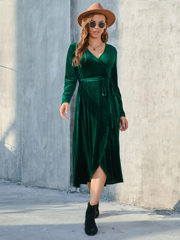 Gold Velvet Mid-Length Slit Dress – Strappy Design, Spring-Summer Style