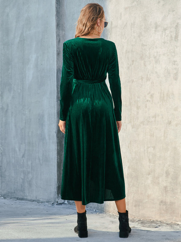 Gold Velvet Mid-Length Slit Dress – Strappy Design, Spring-Summer Style
