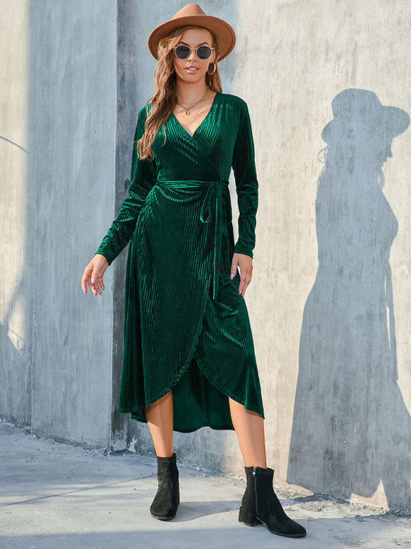 Gold Velvet Mid-Length Slit Dress – Strappy Design, Spring-Summer Style