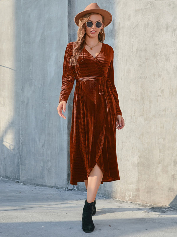 Gold Velvet Mid-Length Slit Dress – Strappy Design, Spring-Summer Style