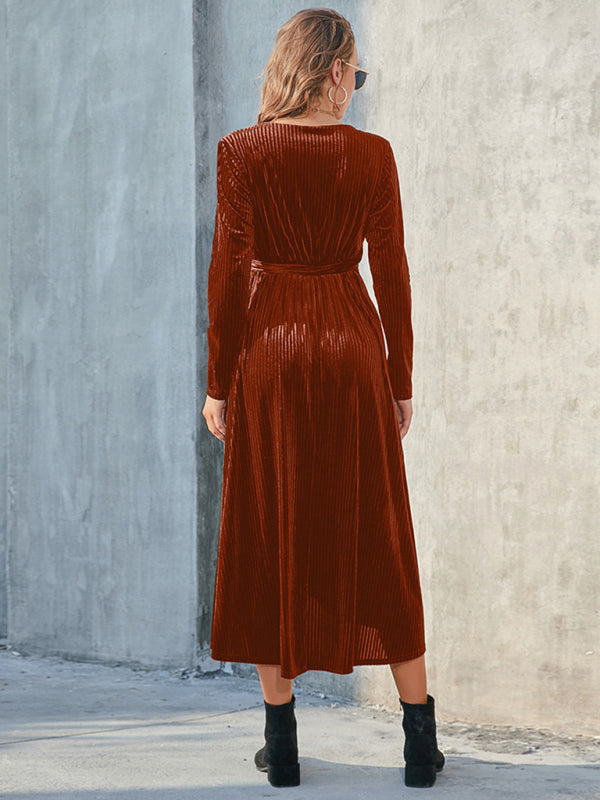 Gold Velvet Mid-Length Slit Dress – Strappy Design, Spring-Summer Style