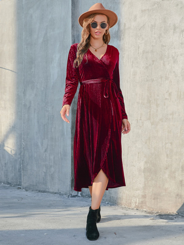Gold Velvet Mid-Length Slit Dress – Strappy Design, Spring-Summer Style