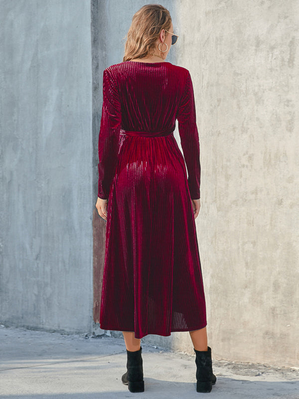 Gold Velvet Mid-Length Slit Dress – Strappy Design, Spring-Summer Style